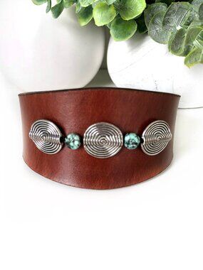 MishaGirl Handmade Leather Cuff Bracelet, Beaded Silver and African Turquoise